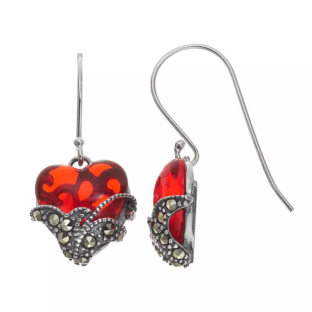 Tori Hill Sterling Silver Marcasaite & Red Glass Heart Drop Earrings, Women's Product Image
