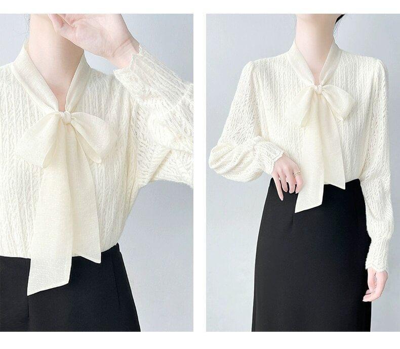 Long-Sleeve Tie-Neck Plain Blouse Product Image