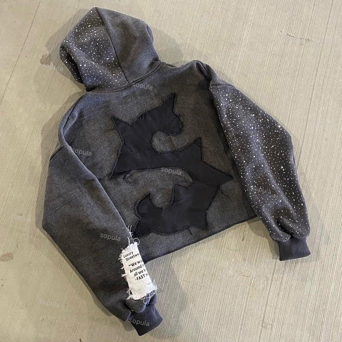 Fast Money Patch Embroidery Gemstone Crafts Zip-up Washed Hoodie Product Image