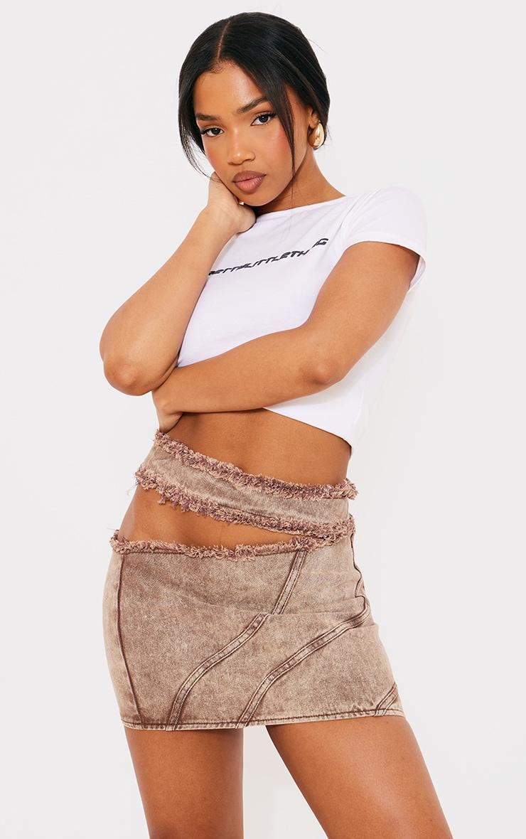  Brown Acid Wash Frayed Edge Cut Out Mini Skirt Product Image