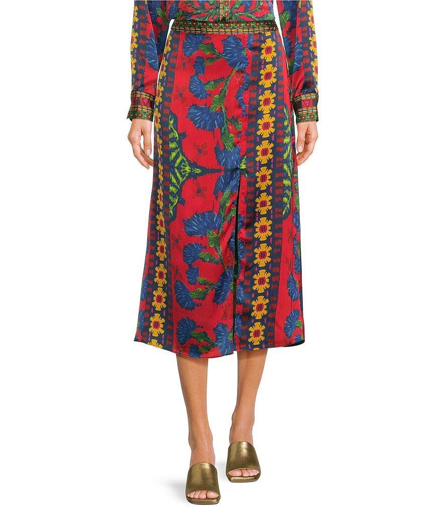 Chelsea & Violet Sam Satin Ikat Print High Waist Front Slit Opening A-Line Maxi Skirt Product Image