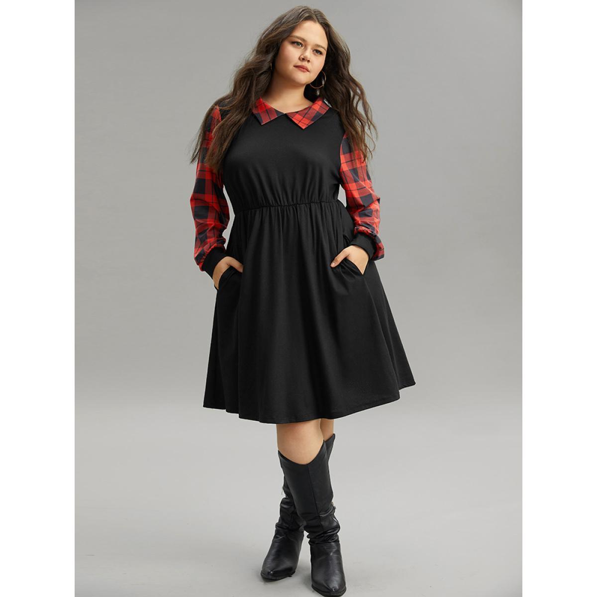 Plus Size Supersoft Essentials Plaid Patchwork Gathered Dress Black Women Casual Patchwork Lapel Collar Long Sleeve Curvy Knee Dress BloomChic 26/4X Product Image
