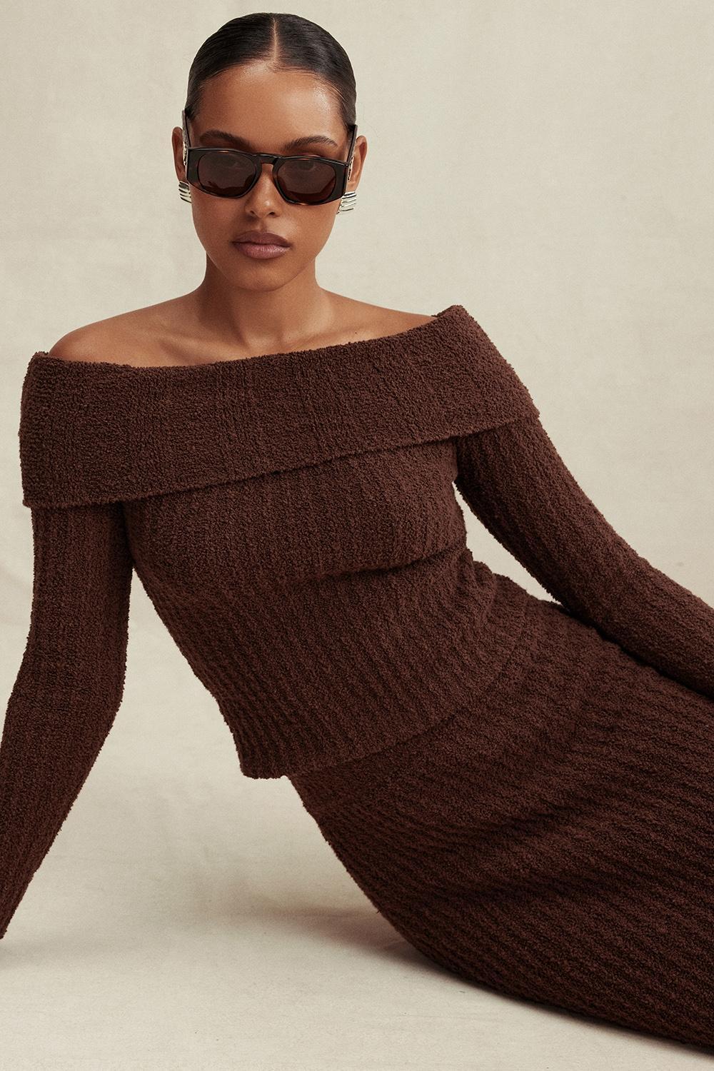 Saffron Chocolate Soft Boucle Knit Top Product Image