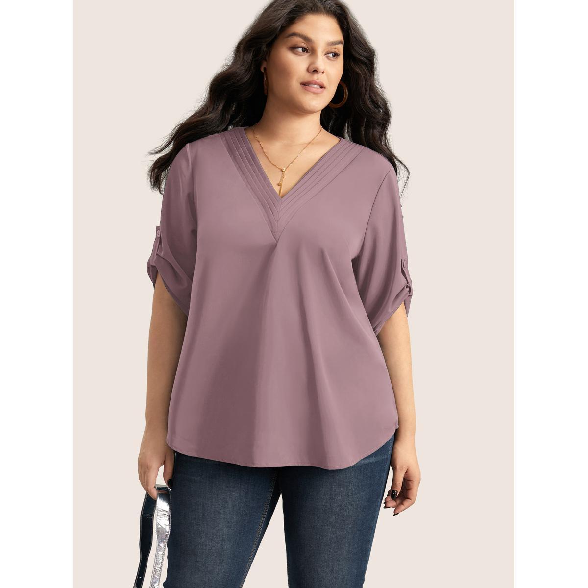 Plus Size Mauve V Neck Plain Pleated Tab Sleeve Blouse Women At the Office Elbow-length sleeve V-neck Work Blouses BloomChic 26/4X Product Image