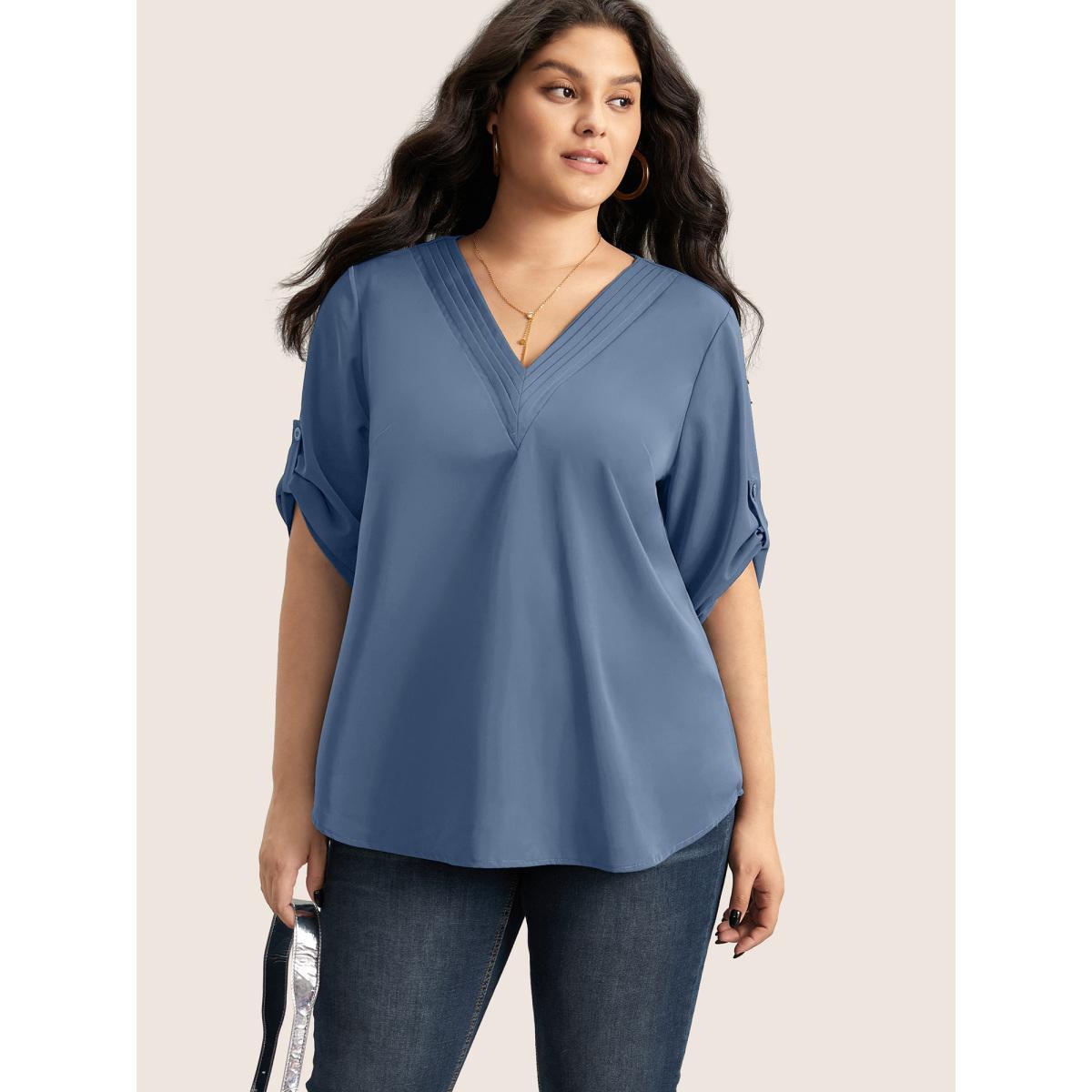 Plus Size Stone V Neck Plain Pleated Tab Sleeve Blouse Women At the Office Elbow-length sleeve V-neck Work Blouses BloomChic 14-16/1X Product Image