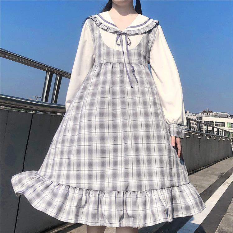 Puff-Sleeve Collar Plaid Bow Smock Dress Product Image