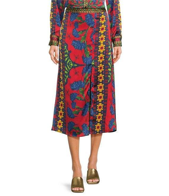 Chelsea & Violet Sam Satin Ikat Print High Waist Front Slit Opening A-Line Maxi Skirt Product Image