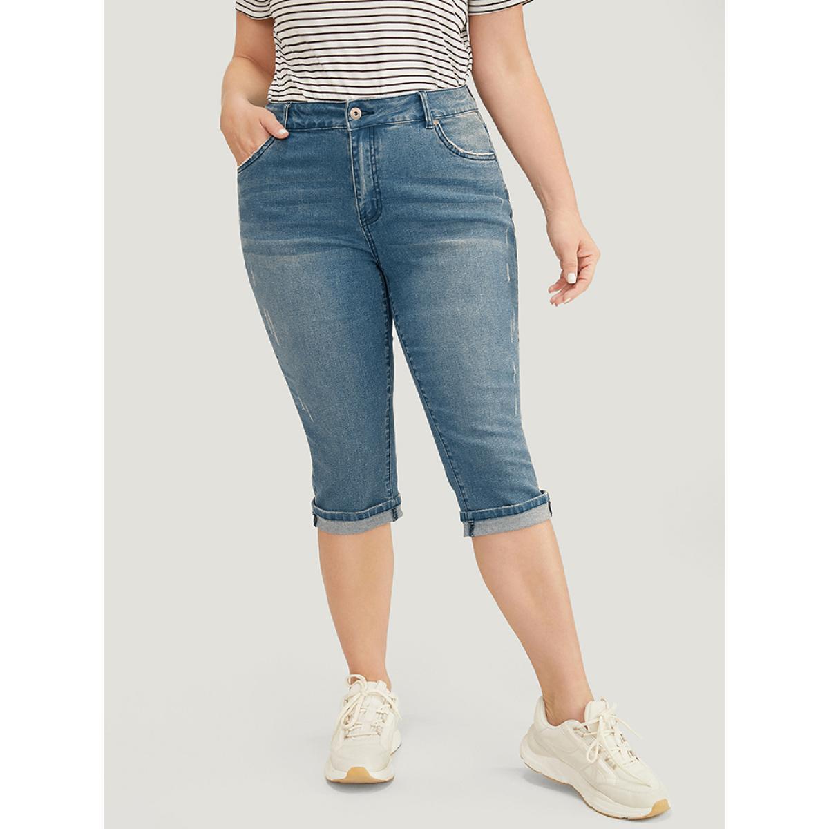 Plus Size Very Stretchy Medium Wash Roll Hem Knee Denim Shorts Women Indigo High stretch Dailywear Pocket Casual Denim Shorts BloomChic 30/6X Product Image