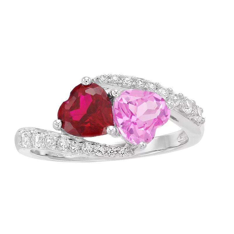 Sterling Silver Lab-Created Ruby & Lab-Created Pink Sapphire Heart Ring, Women's, Size: 7 Product Image