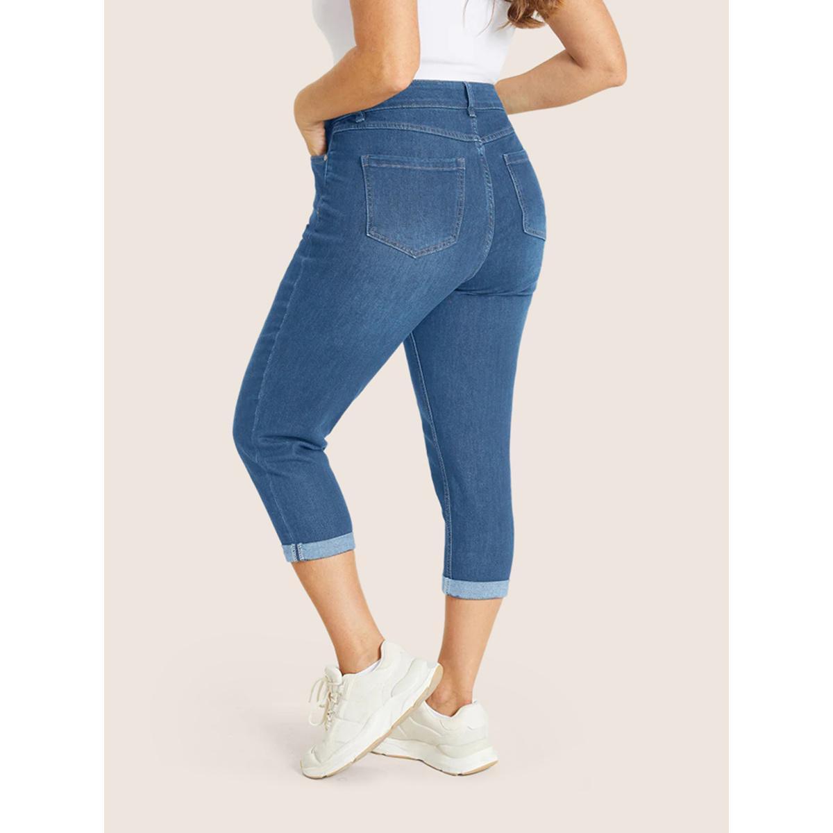 Plus Size Very Stretchy High Rise Dark Wash Cropped Jeans Women Blue Casual Plain High stretch Slanted pocket Jeans BloomChic 14/1X Product Image