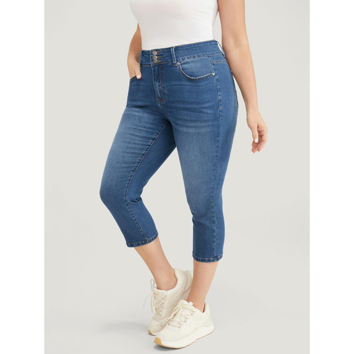 Plus Size Very Stretchy High Rise Medium Wash Cropped Jeans Women Cerulean Casual Plain High stretch Jeans BloomChic 18/2X Product Image