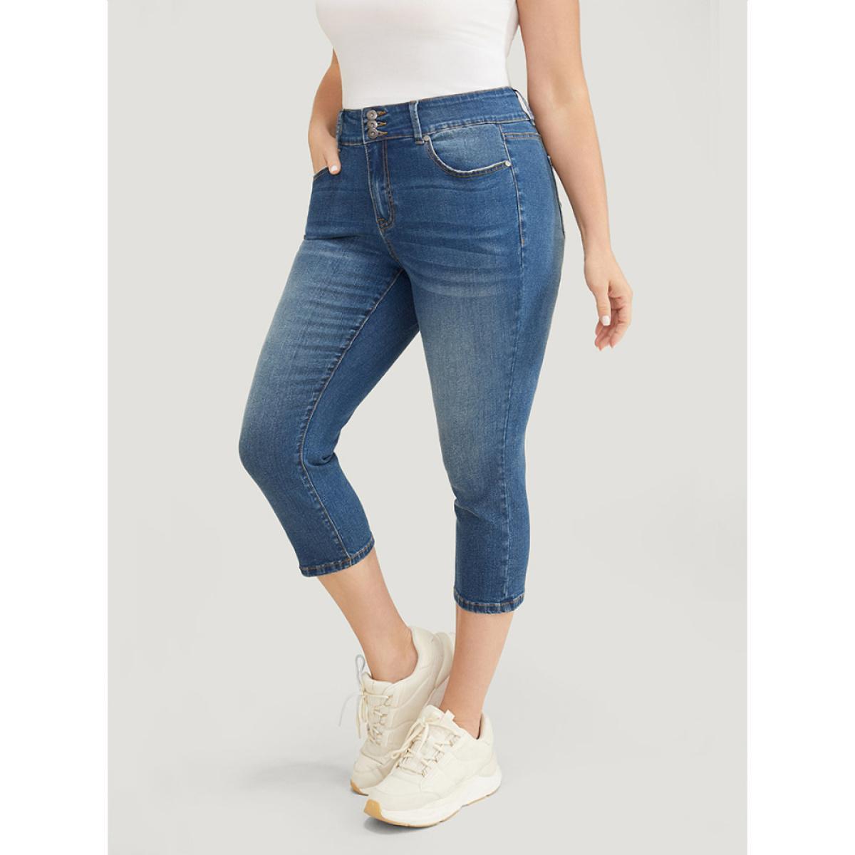 Plus Size Very Stretchy High Rise Medium Wash Cropped Jeans Women Blue Casual Plain High stretch Jeans BloomChic 26/4X Product Image