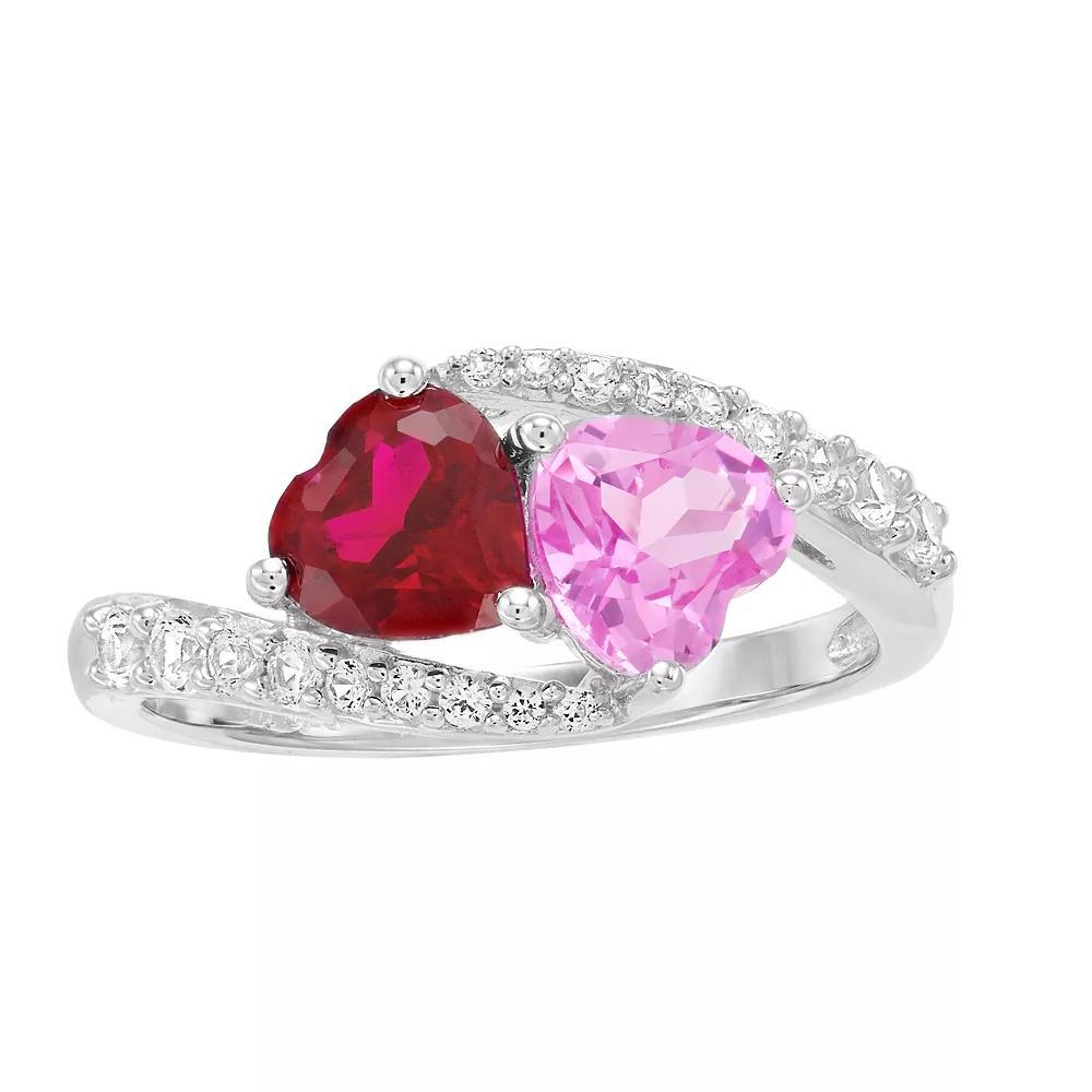 Sterling Silver Lab-Created Ruby & Lab-Created Pink Sapphire Heart Ring, Women's, Size: 7 Product Image