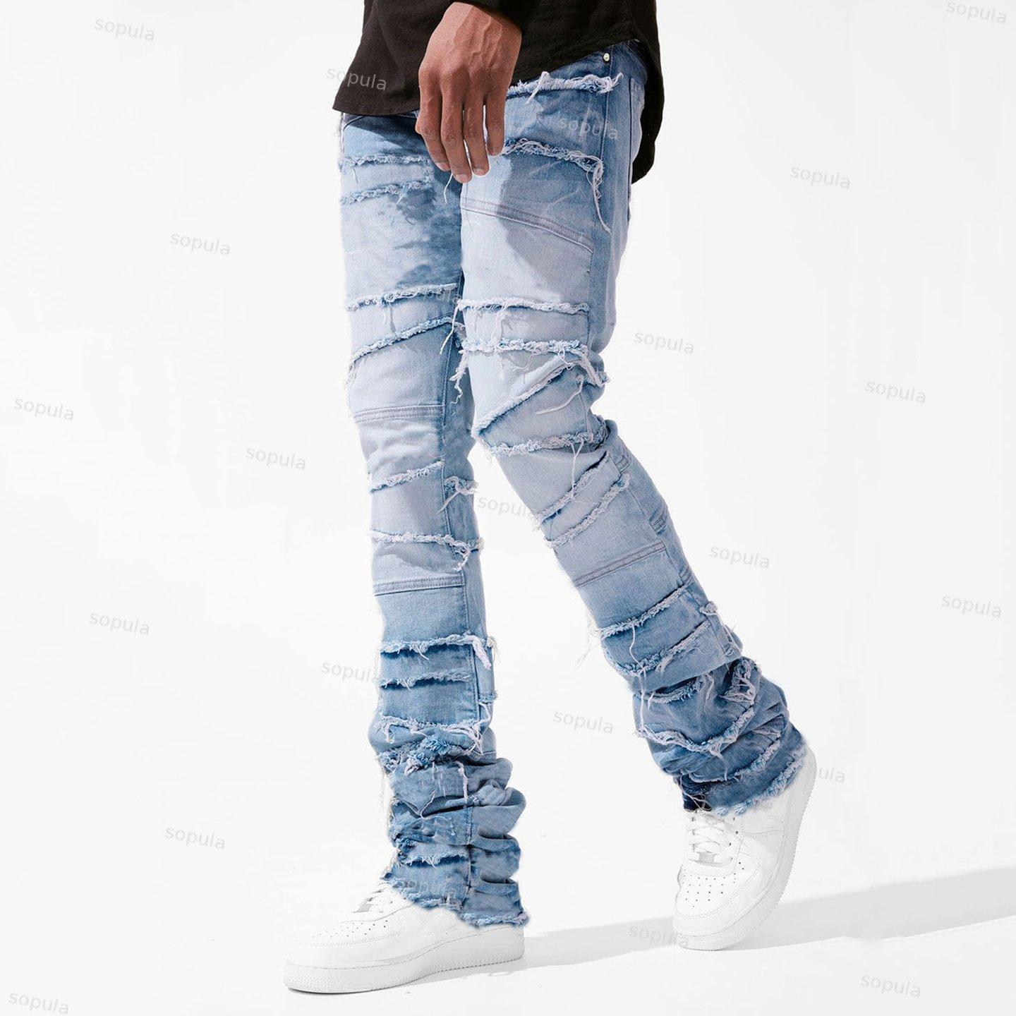 Men's Street Stretch Patch Denim Straight Pants Product Image