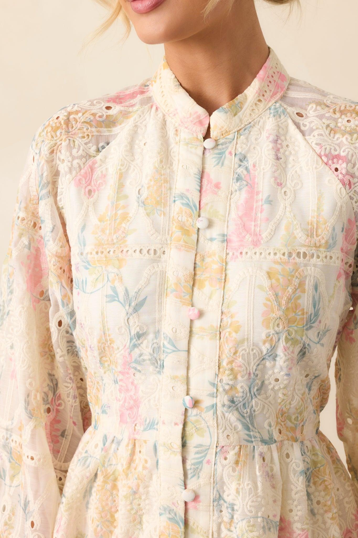 The Art Of Being Ivory Floral Embroidered Eyelet Mini Dress Product Image