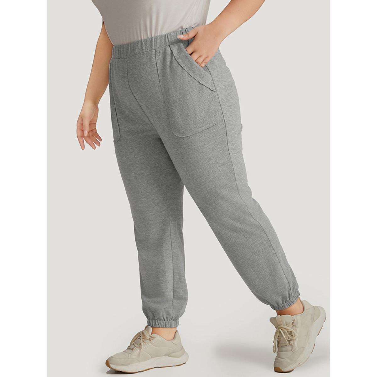 Solid Patched Slant Pocket High Rise Sweatpants Gray Plus Size Women Casual Dailywear Pocket 18-20/2X Bloomchic Product Image