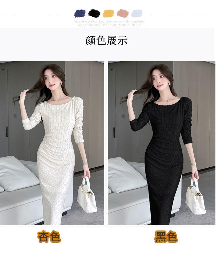 Long Sleeve Round Neck Plain Bodycon Midi Dress Product Image