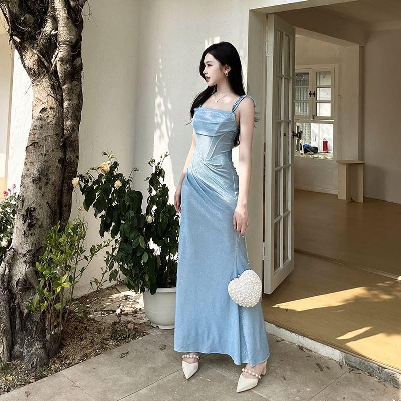 Sleeveless Glitter Ruched Slim-Fit Maxi Bodycon Dress Product Image