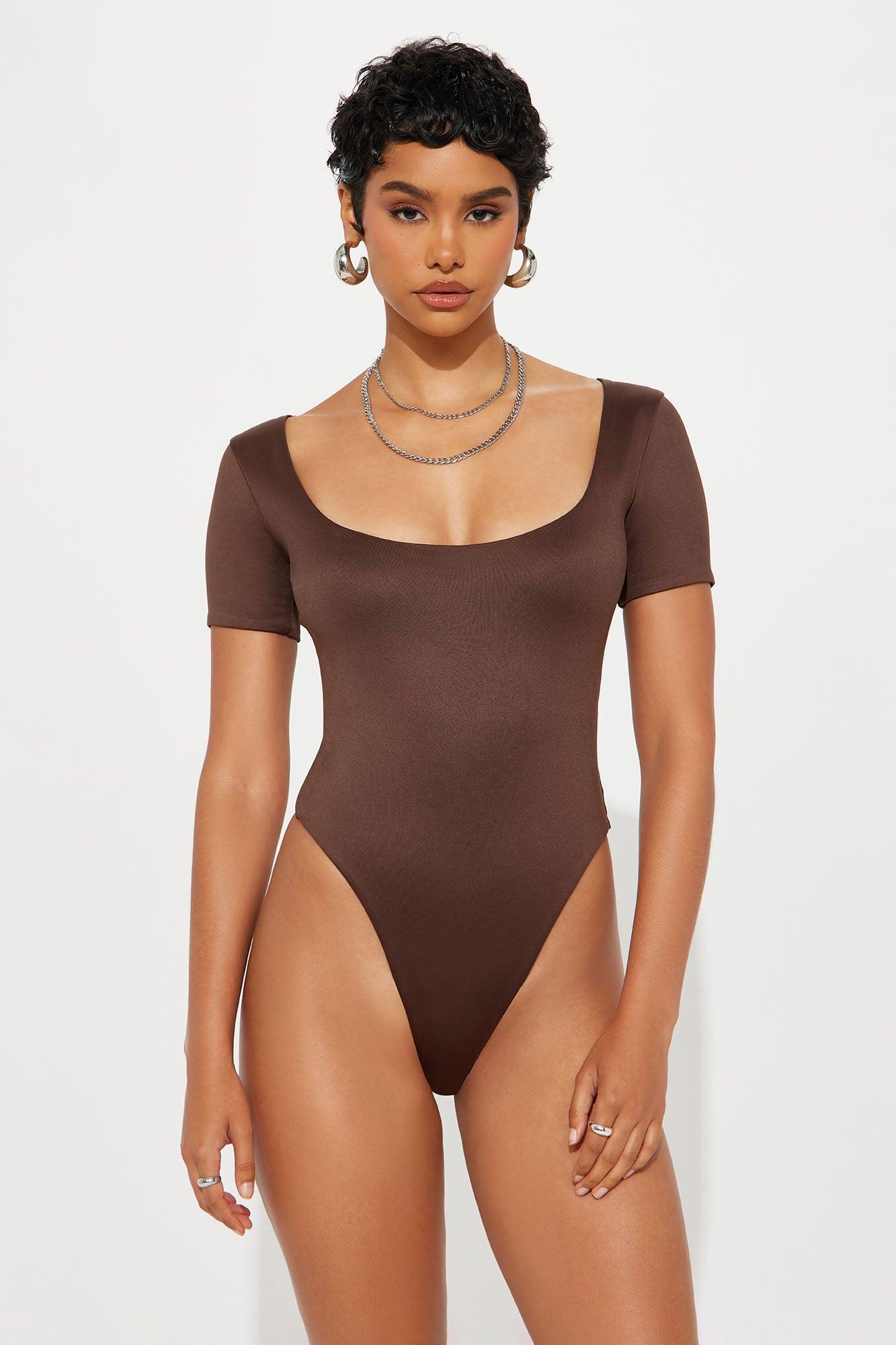 Contour Double Lined Short Sleeve Scoop Neck Bodysuit - Chocolate Product Image