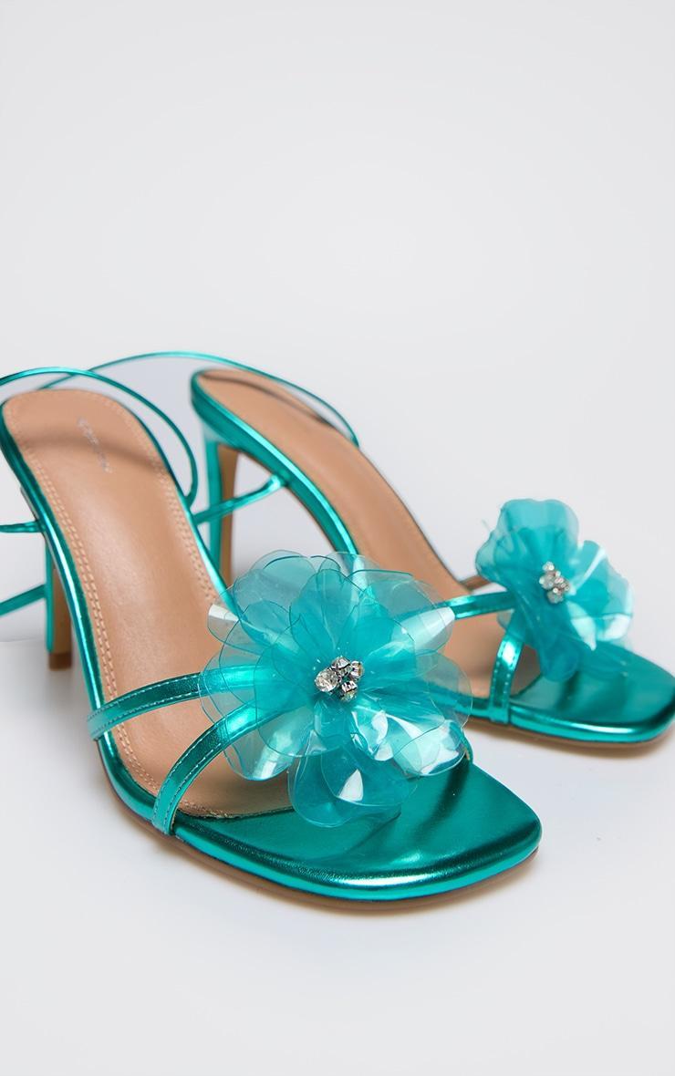 Turquoise Metallic Pu Flower Lace Up Heeled Sandals Product Image