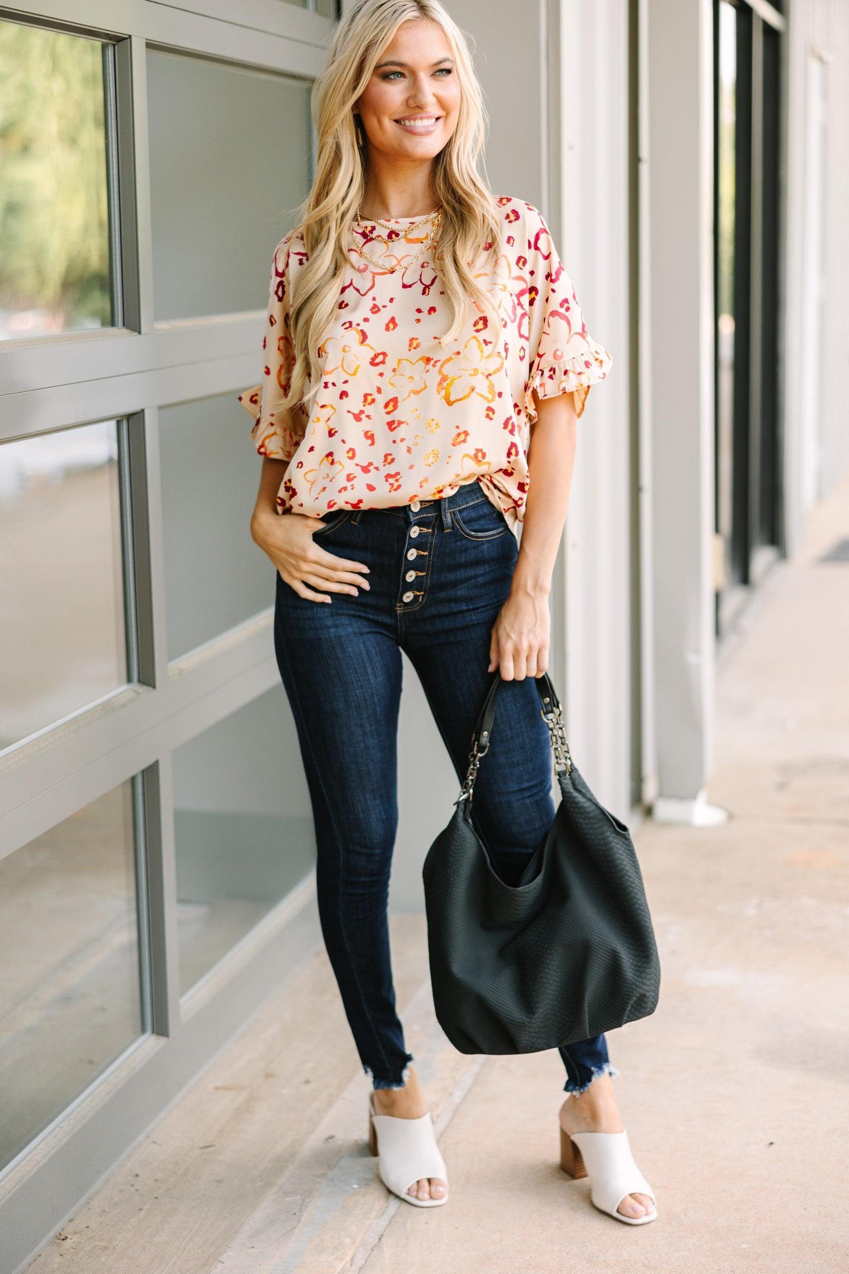 All I Ask Taupe Brown Floral Ruffled Top Female Product Image