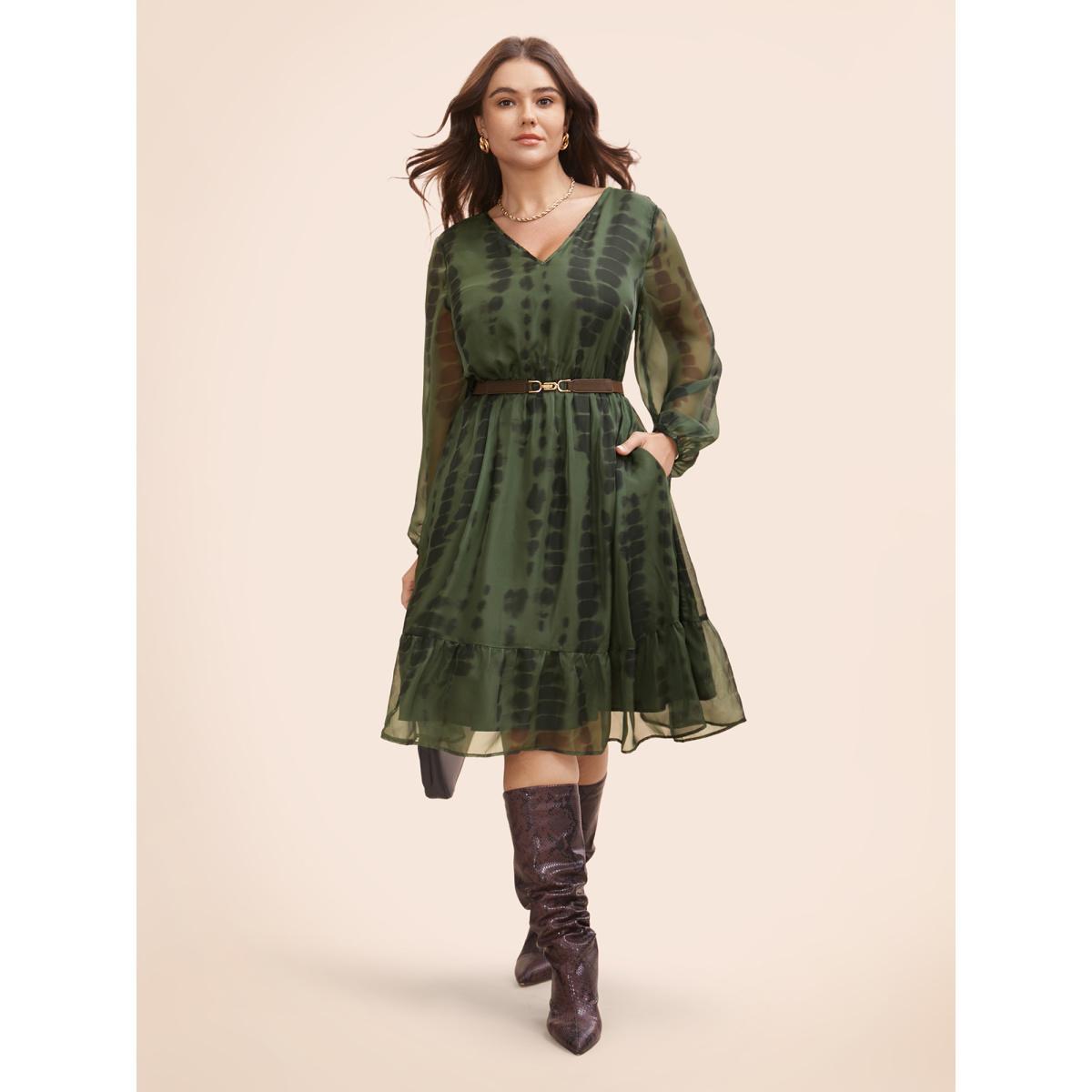 Plus Size Geometric Mesh Lantern Sleeve Midi Dress ArmyGreen Women At the Office See through V-neck Long Sleeve Curvy BloomChic 10/M Product Image