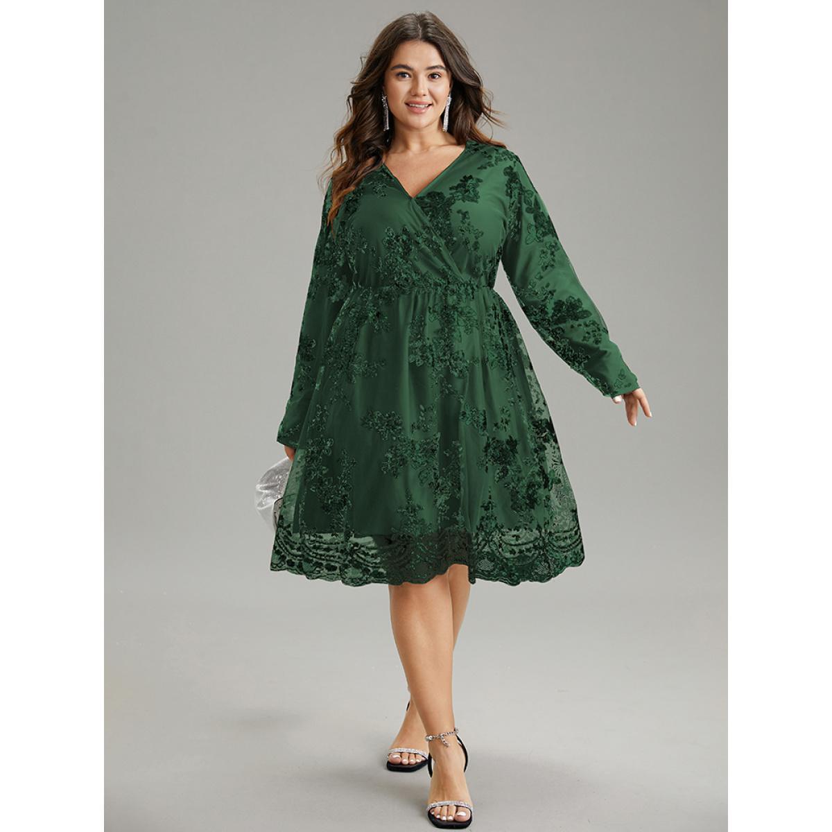 Plus Size Floral Sequin Elastic Waist Mesh Wrap Dress DarkGreen Women Party Sequin Overlap Collar Long Sleeve Curvy Midi Dress BloomChic 22-24/3X Product Image