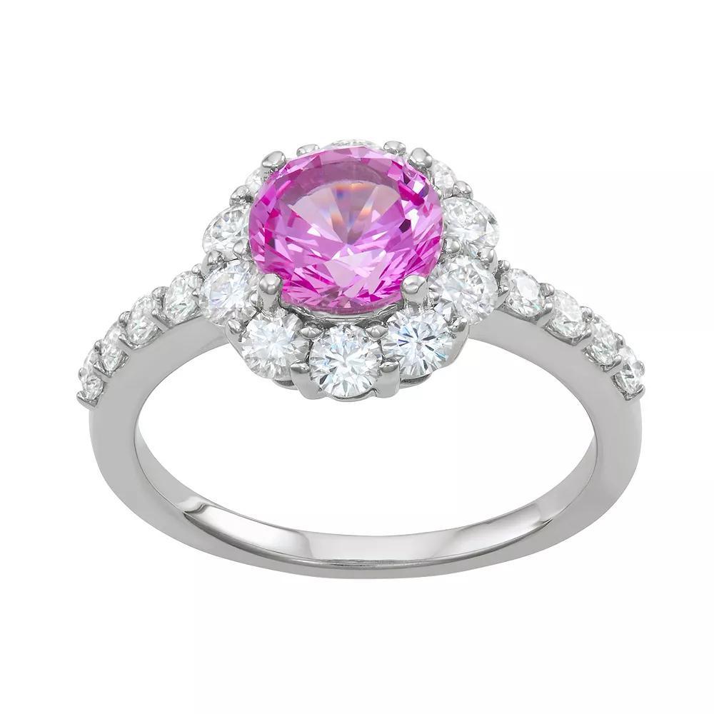 Charles & Colvard 14k White Gold 2 3/4 Carat T.W. Lab-Created Moissanite & Lab-Created Pink Sapphire Halo Ring, Women's, Size: 9, 14k Whgold Product Image