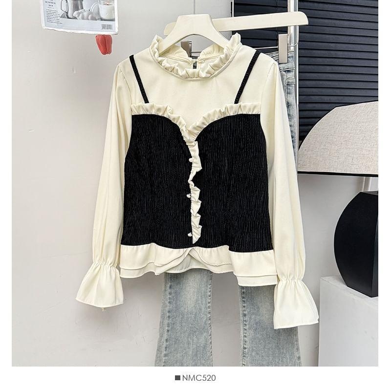 Ruffle-Trim Mock Two-Piece Loose Blouse in 5 Colors Product Image