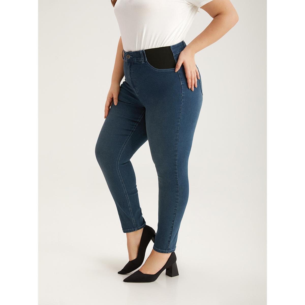Plus Size Contrast Pocket Elastic Waist Very Stretchy Jeans Women Indigo Casual Plain Elastic Waist High stretch Pocket Jeans BloomChic 10/M Product Image