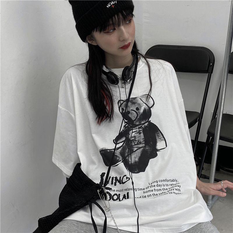 Oversized Lettering Teddy Bear Elbow-Sleeve T-Shirt Product Image