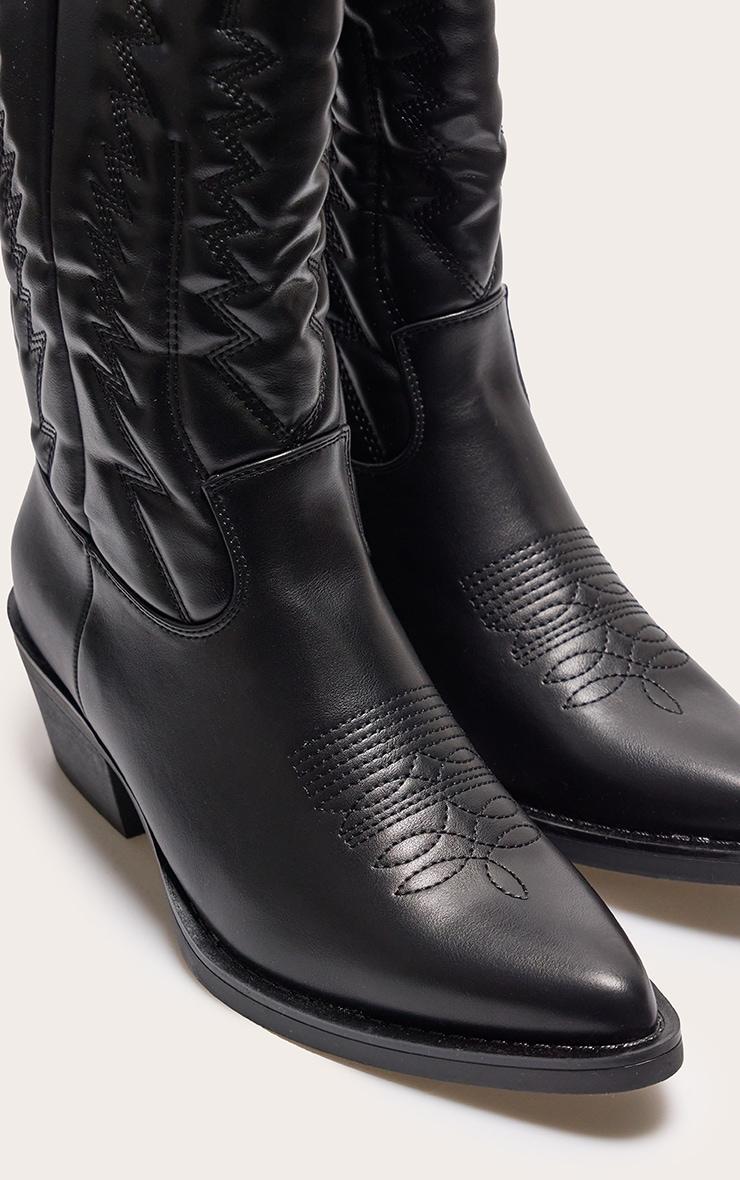 Black Faux Leather Point Toe Knee High Western Boots Product Image