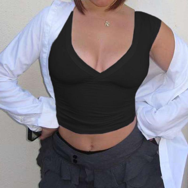Cap-Sleeve V-Neck Plain Crop Slim Fit T-Shirt Product Image