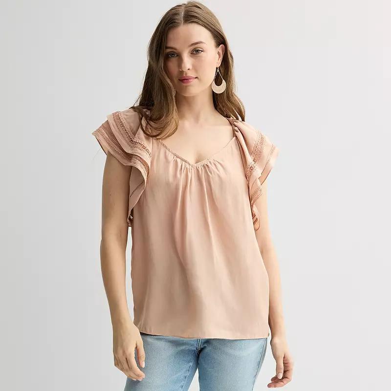 Women's Chelsea & Theodore Ruffle Sleeve Woven Airflow Blouse, Size: Large, Olive Green Product Image