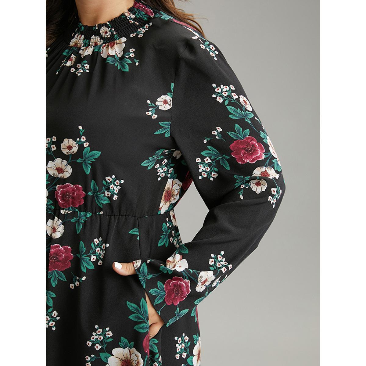 Plus Size Floral Print Shirred Mock Neck Dress Black Women Elegant Printed Mock Neck Long Sleeve Curvy Midi Dress BloomChic 22-24/3X Product Image