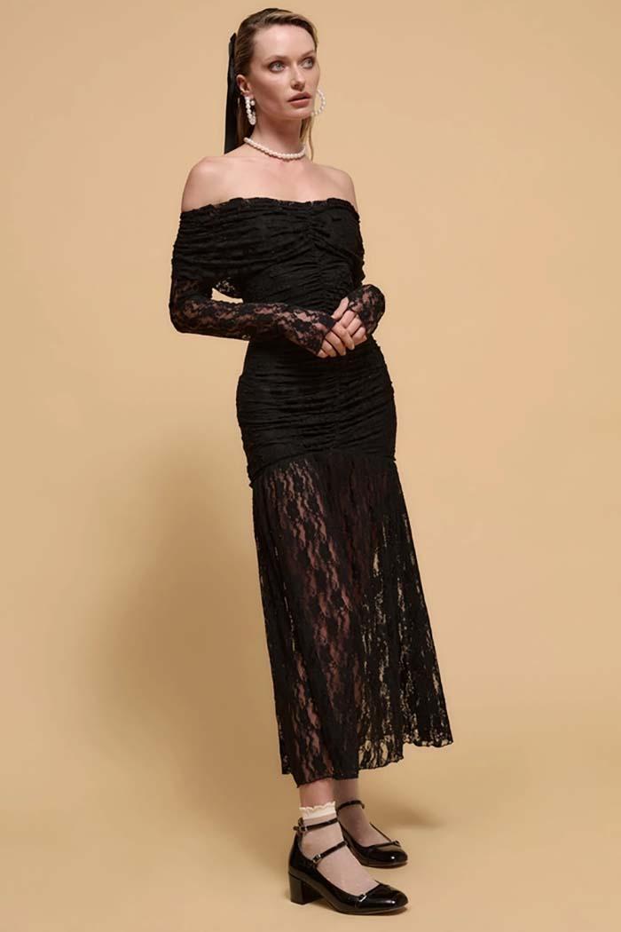 Studded Floral-Lace Off-Shoulder Ruched Maxi Dress Product Image