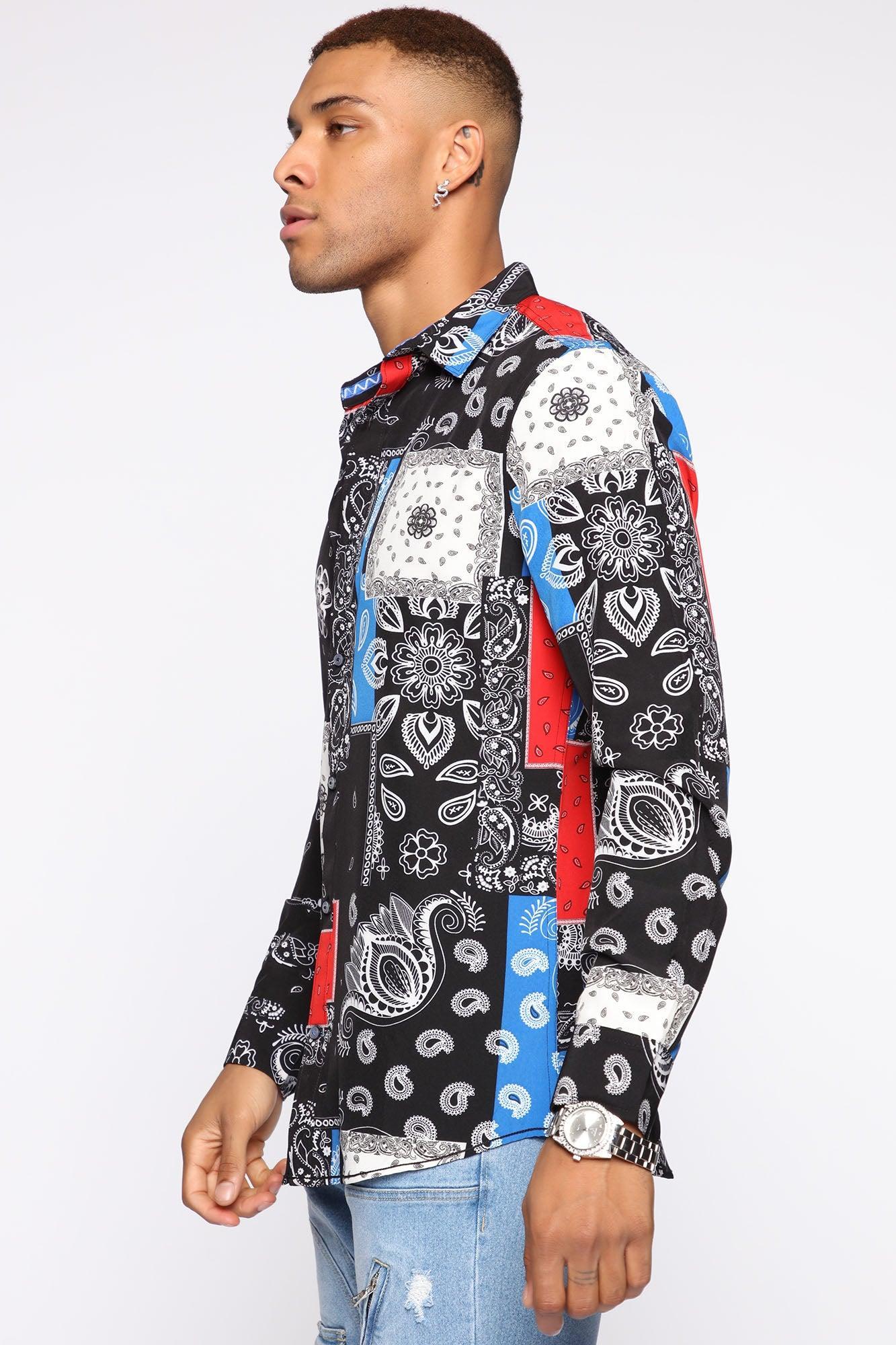 Skies Bandana Patchwork Long Sleeve Woven Top  - Black/combo Product Image