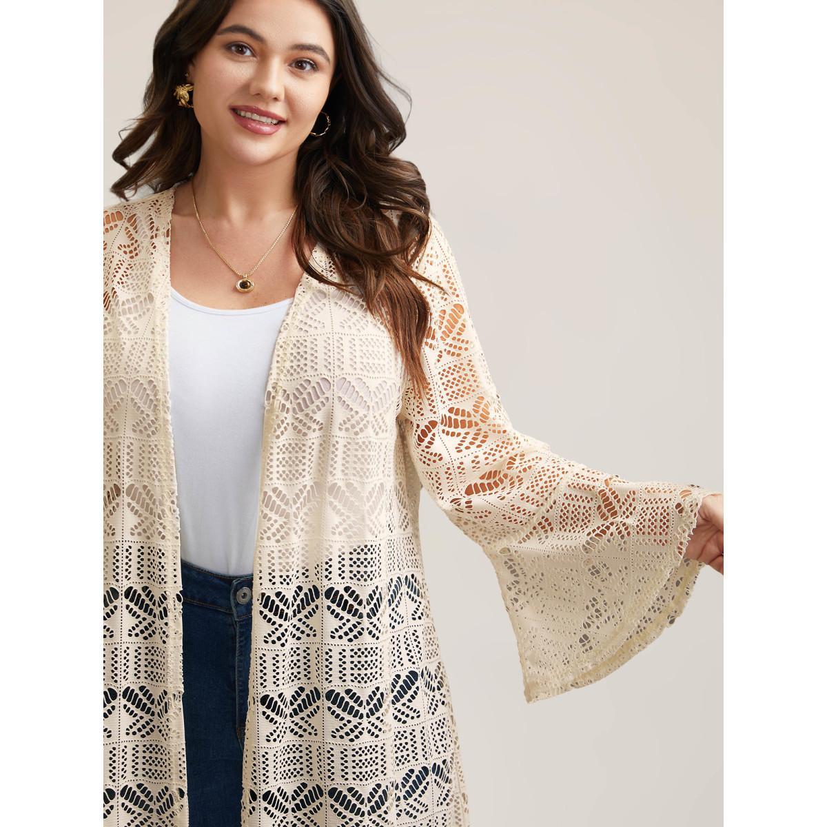 Plus Size Textured Cut-Out Ruffled Kimono Women Beige Resort See through Loose Vacation Kimonos BloomChic 12/L Product Image