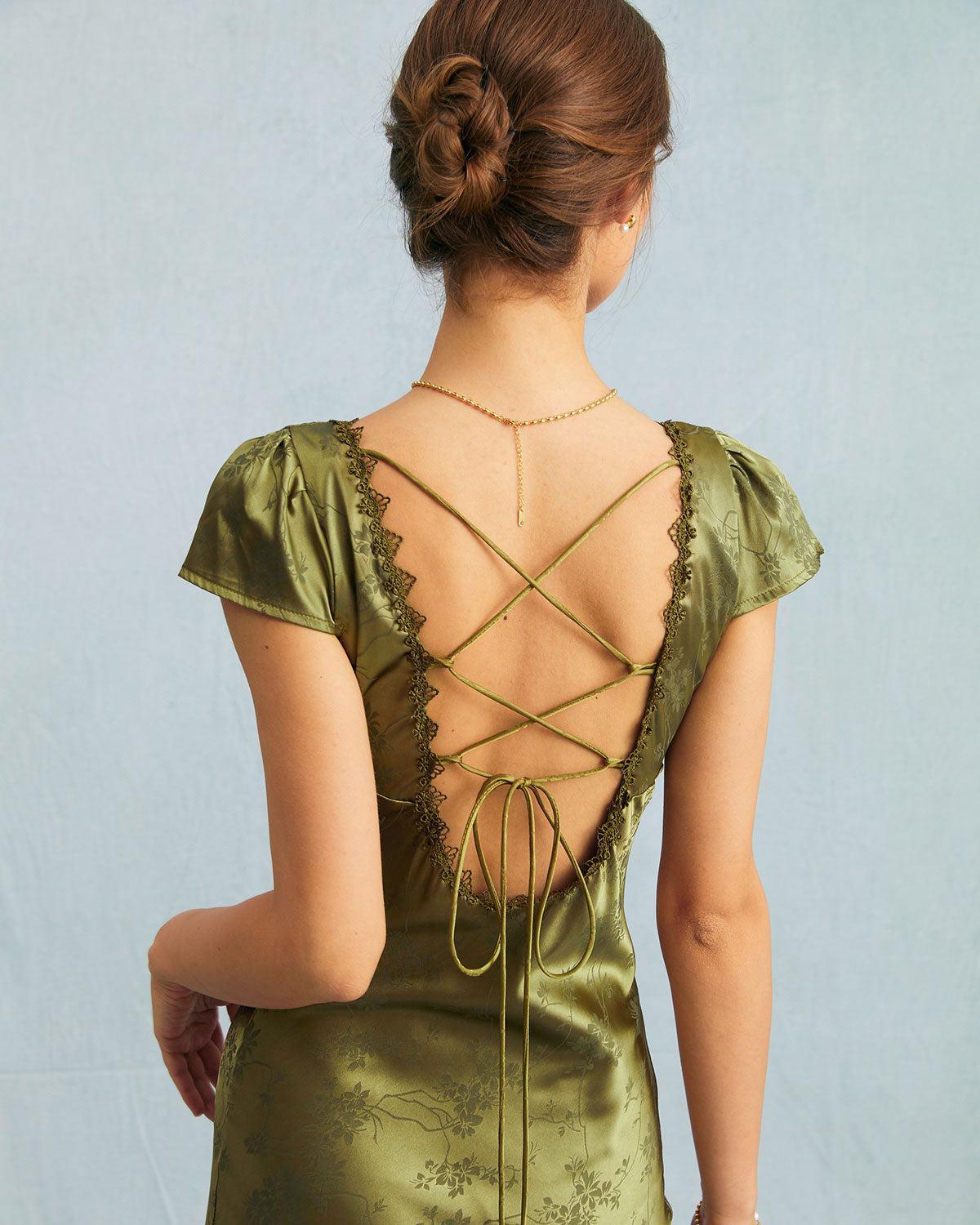 The Green Jacquard Cap Sleeve Satin Midi Dress Product Image