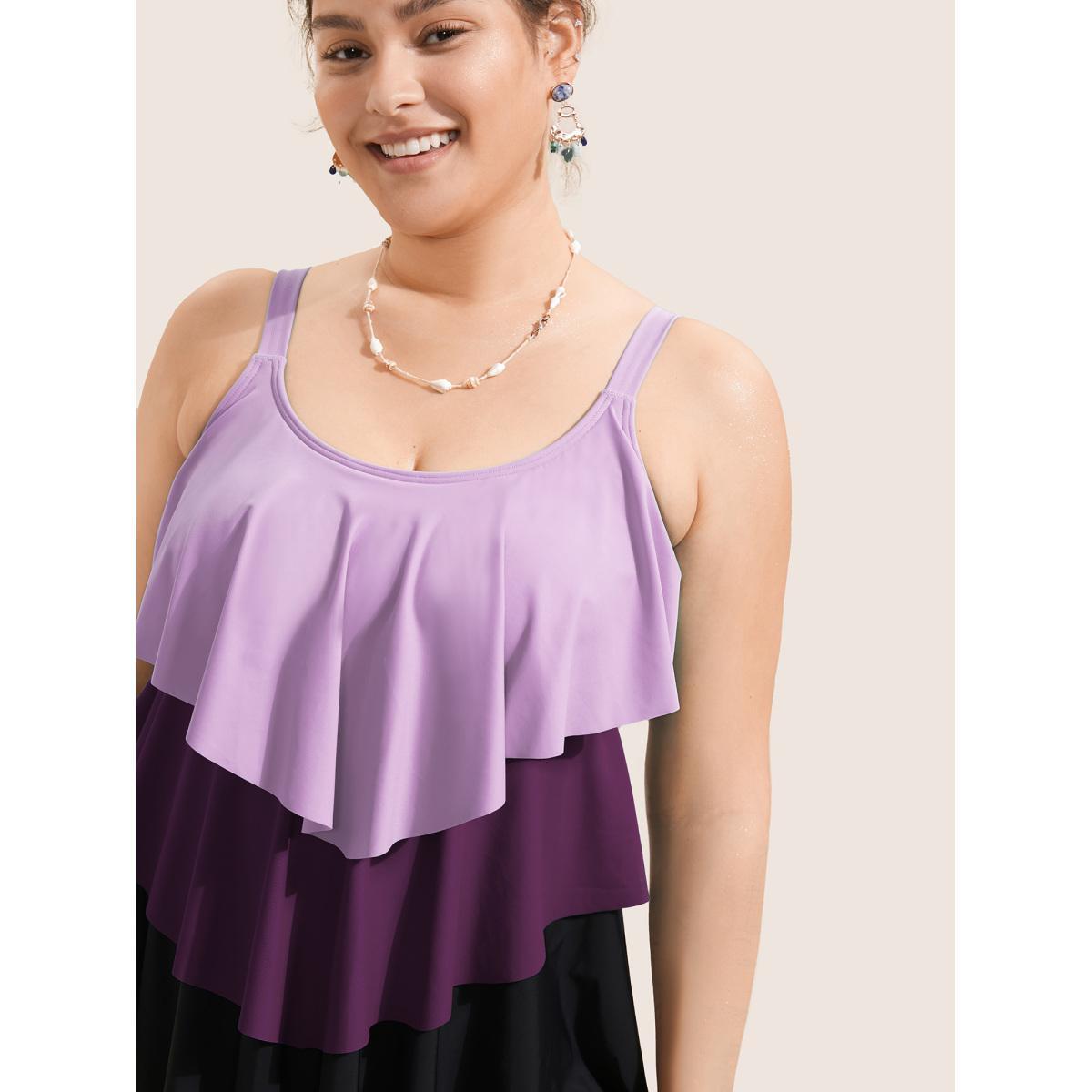 Plus Size Colorblock Contrast Ruffle Layered Hem Tankini Top Women's Swimwear Lilac Beach Non High stretch Bodycon U-neck Curve Swim Tops BloomChic 28/5X Product Image