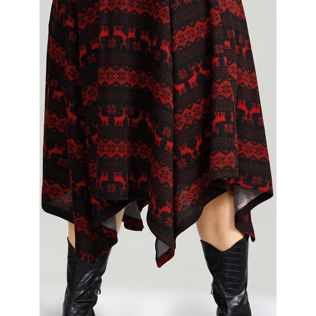 Plus Size Christmas Elk Elastic Waist Hanky Hem Dress Scarlet Women Casual Printed Round Neck Elbow-length sleeve Curvy Midi Dress BloomChic 30/6X Product Image