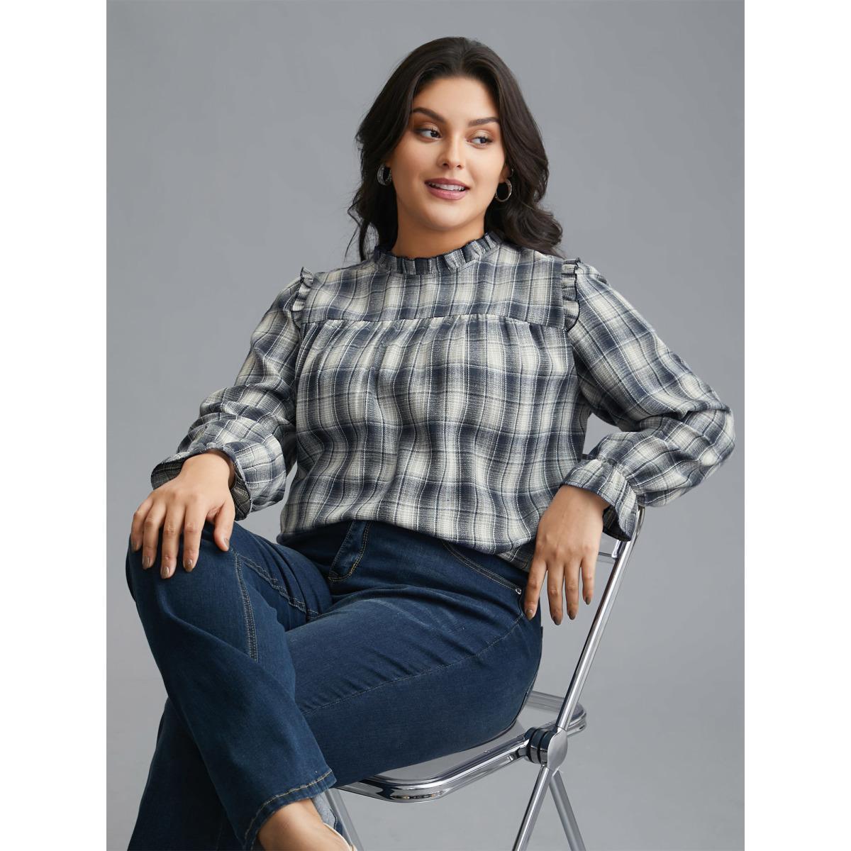Plus Size Indigo Plaid Ruffle Trim Gathered Blouse Women Elegant Extra Long Sleeve Round Neck Everyday Blouses BloomChic 30/6X Product Image