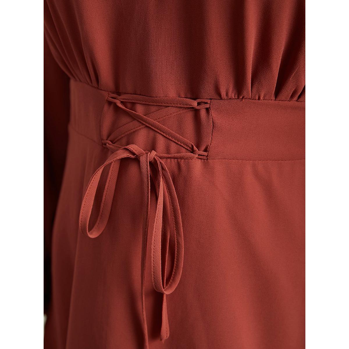 Plus Size Rust Chiffon Lace Up Shirred Frill Trim Blouse Women Office Long Sleeve V-neck Work Blouses BloomChic 28/5X Product Image