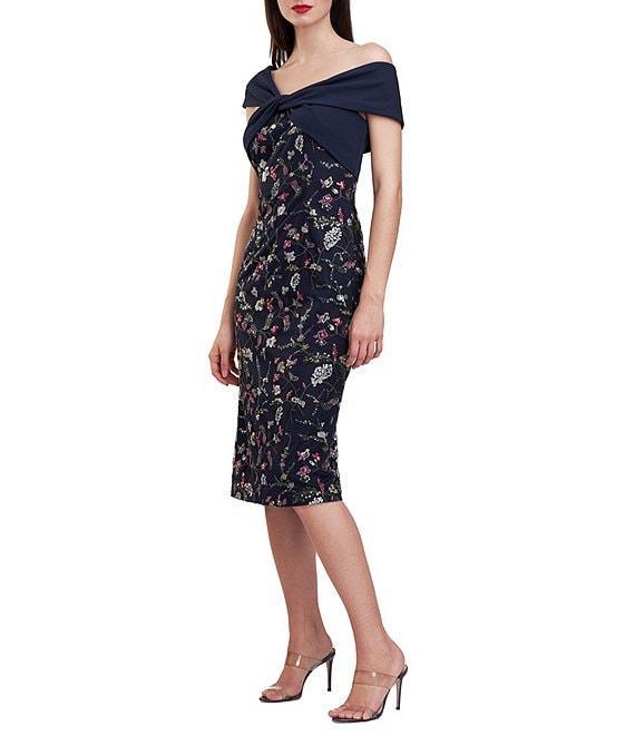 JS Collections Floral Pattern Embroidered Mesh One Shoulder Short Sleeve Asymmetrical Twit Sheath Midi Dress Product Image