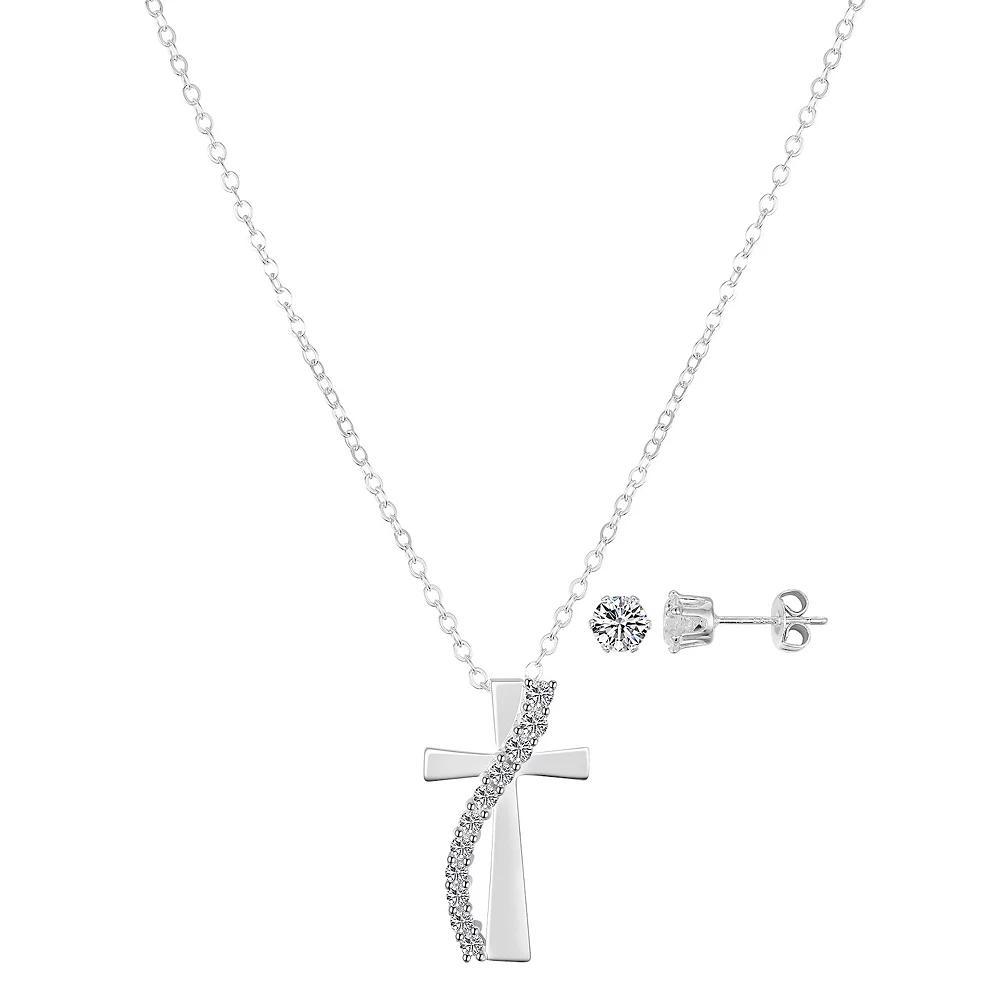 Gratitude & Grace Fine Silver Plated Cubic Zirconia Stud Earrings & Cross Stone Sash Pendant Necklace Set, Women's, Size: 18", Silver Tone Product Image