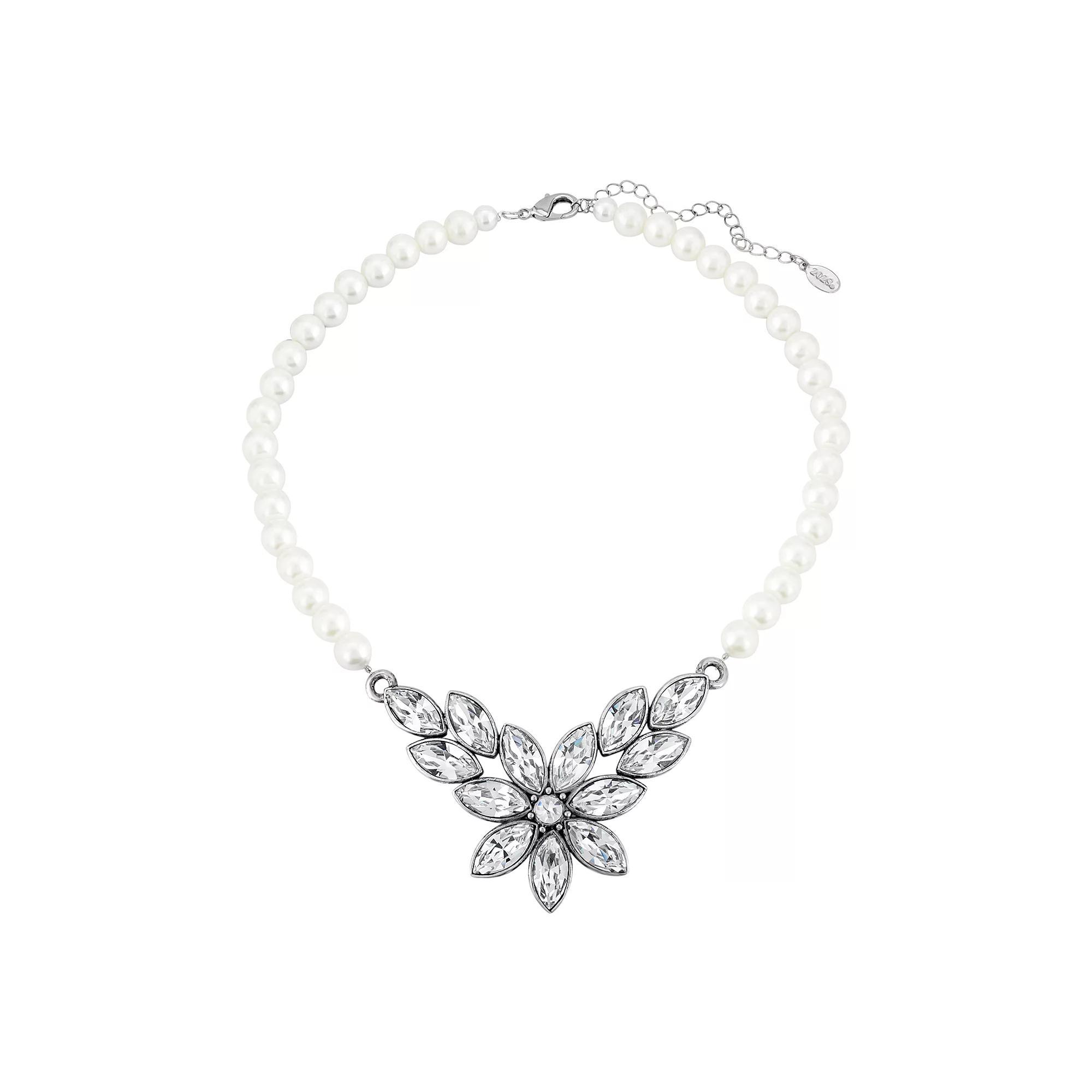 1928 Silver Tone Simulated Crystal Flower Frontal Necklace, Womens, White Product Image