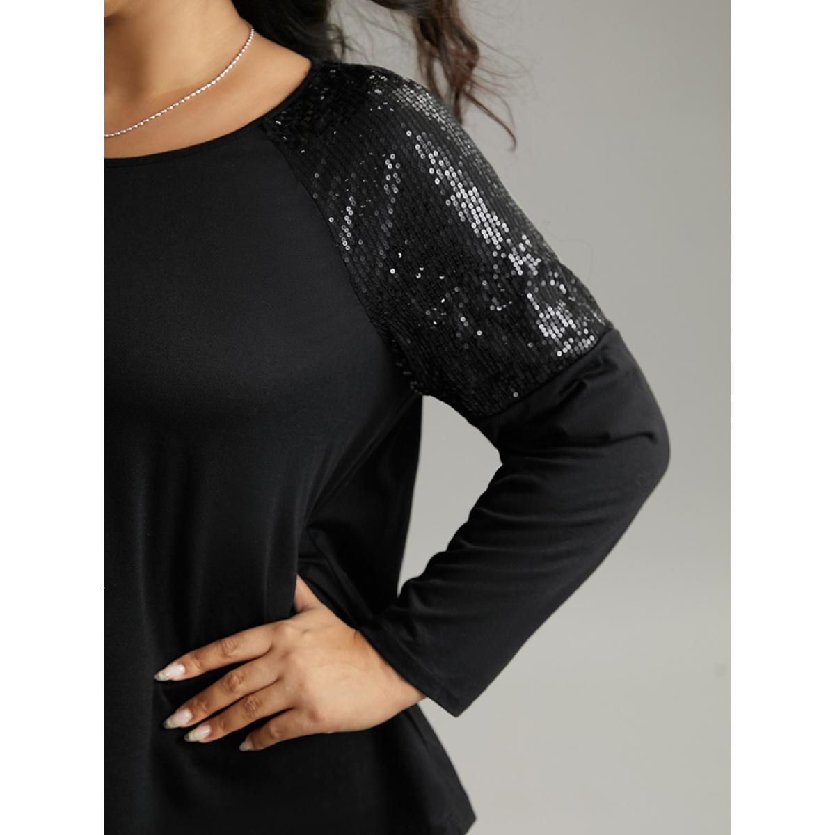 Plus Size Sequin Patchwork Raglan Sleeve T-shirt Black Women Elegant Sequin Galaxy Round Neck Dailywear T-shirts BloomChic 30/6X Product Image