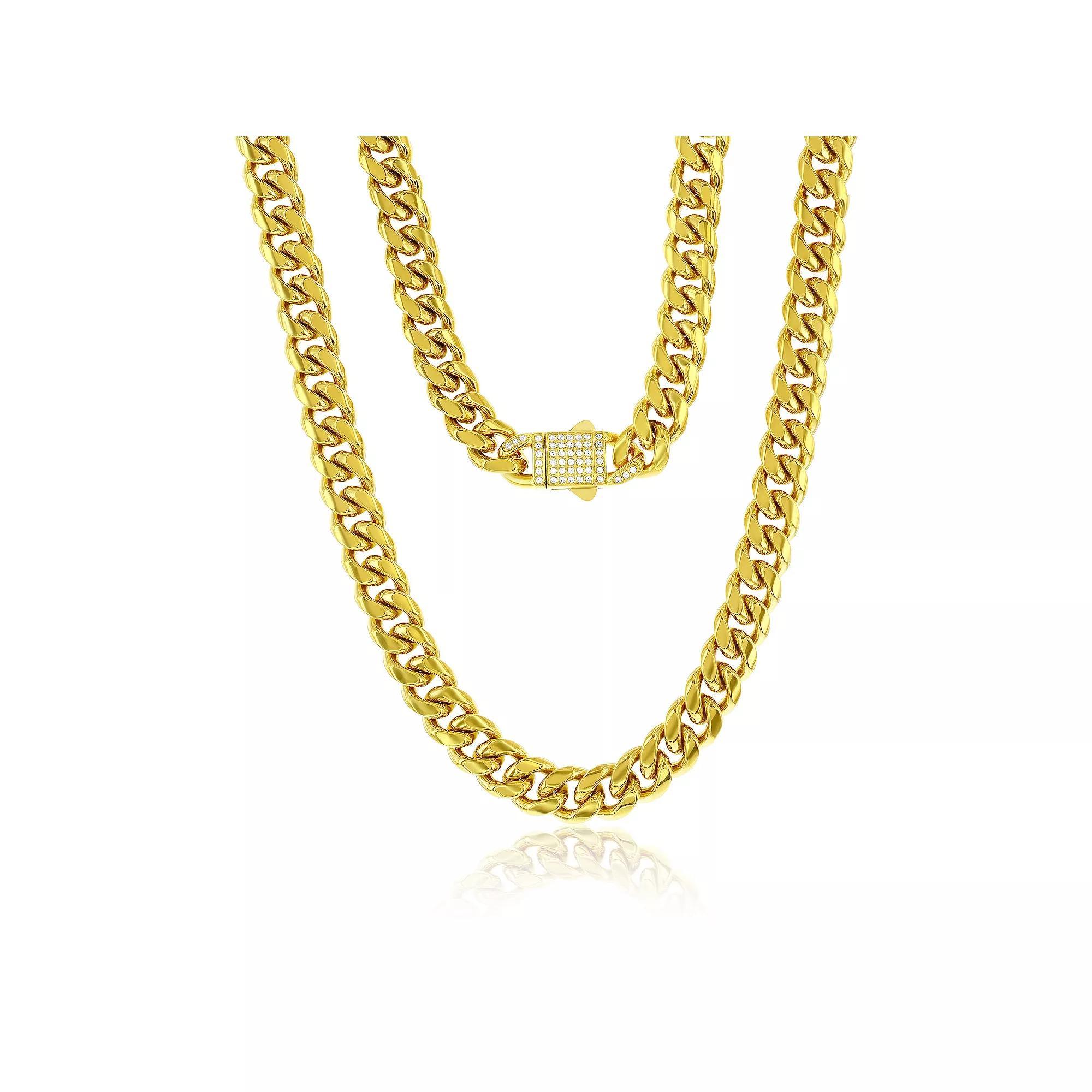 Men's Metallo Stainless Steel 12 mm Miami Cuban Cubic Zirconia Lock Necklace, Size: 24", Gold Tone White Product Image