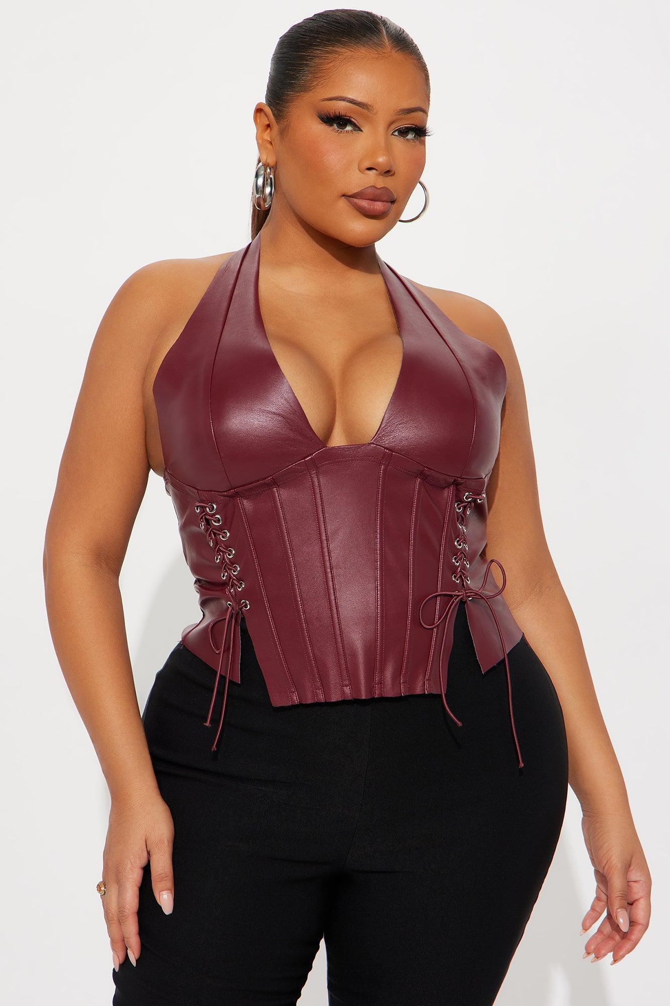 The Baddest Faux Leather Corset Top - Burgundy Female Product Image