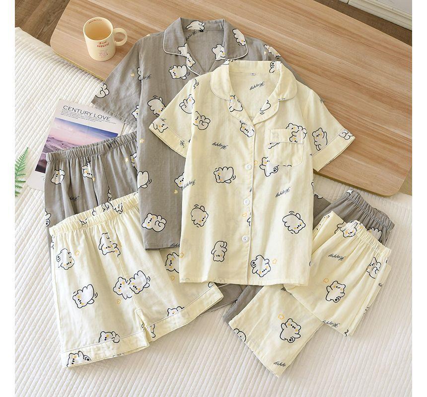 Couple Matching Pajama Set: Short-Sleeve Print Top + Pants + Shorts (Various Designs) Product Image